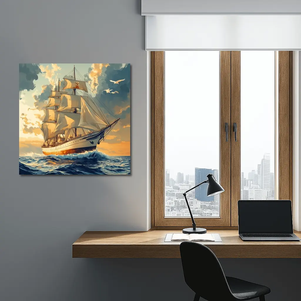 Tall Ship Sailing Ocean Golden Sky Art – Wall Art