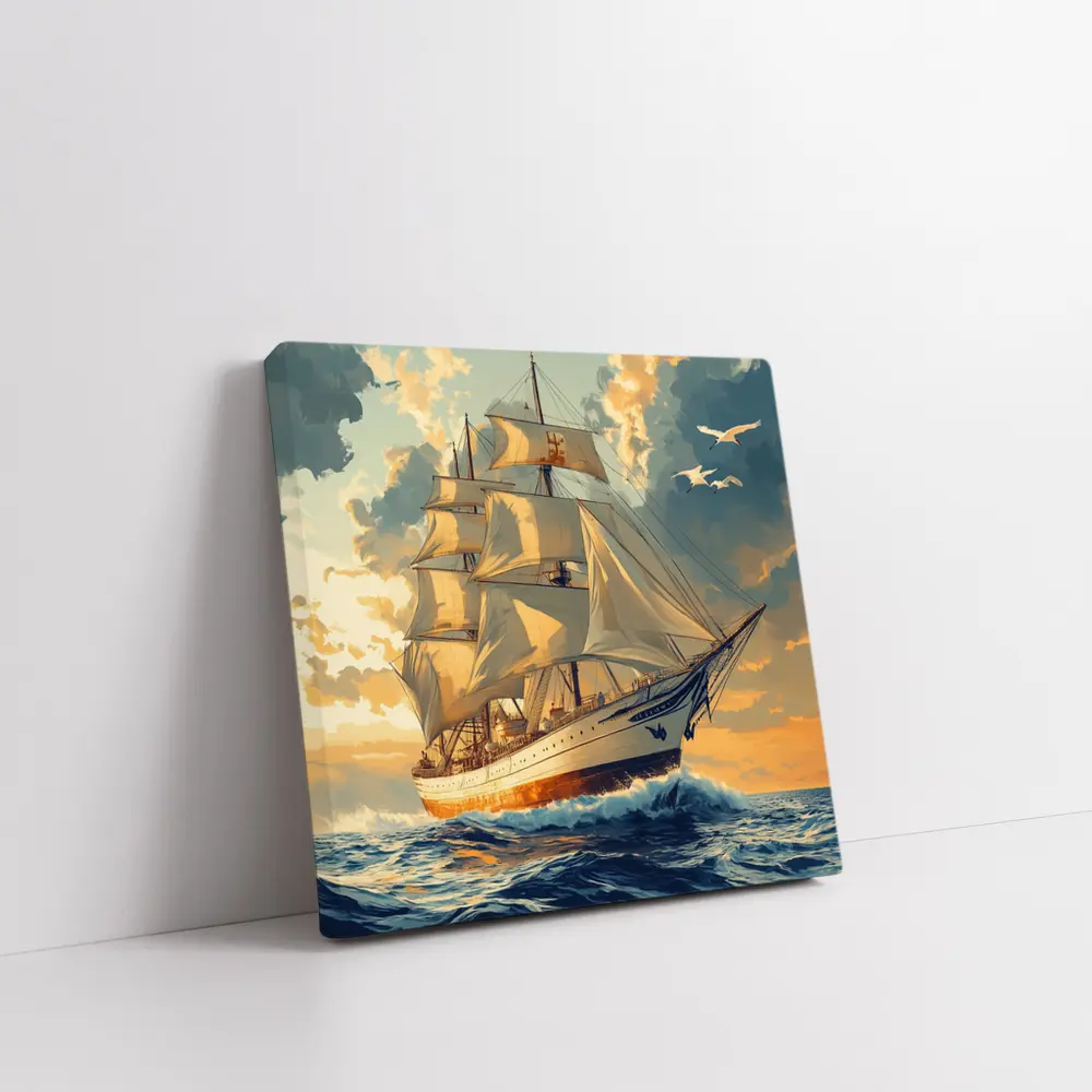 Tall Ship Sailing Ocean Golden Sky Art – Wall Art