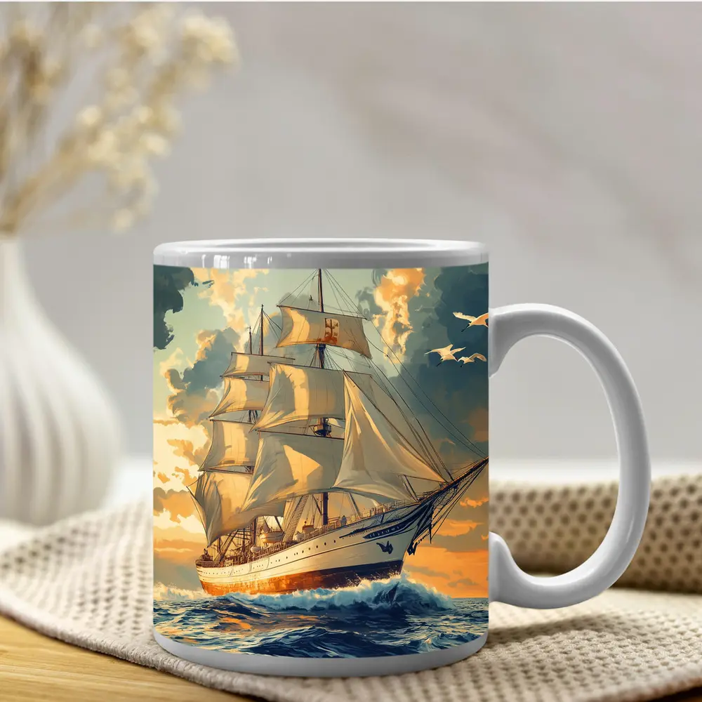 Tall Ship Sailing Ocean Golden Sky Art – Mugs