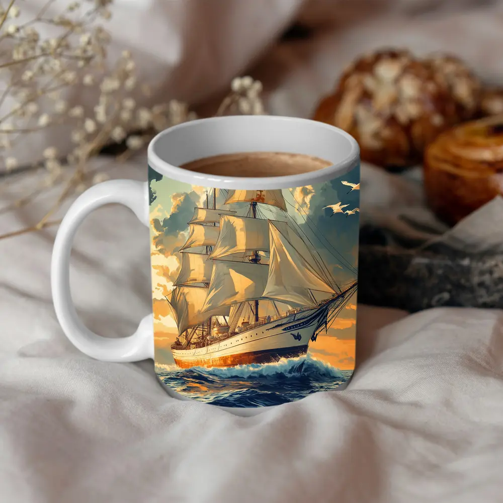 Tall Ship Sailing Ocean Golden Sky Art – Mugs