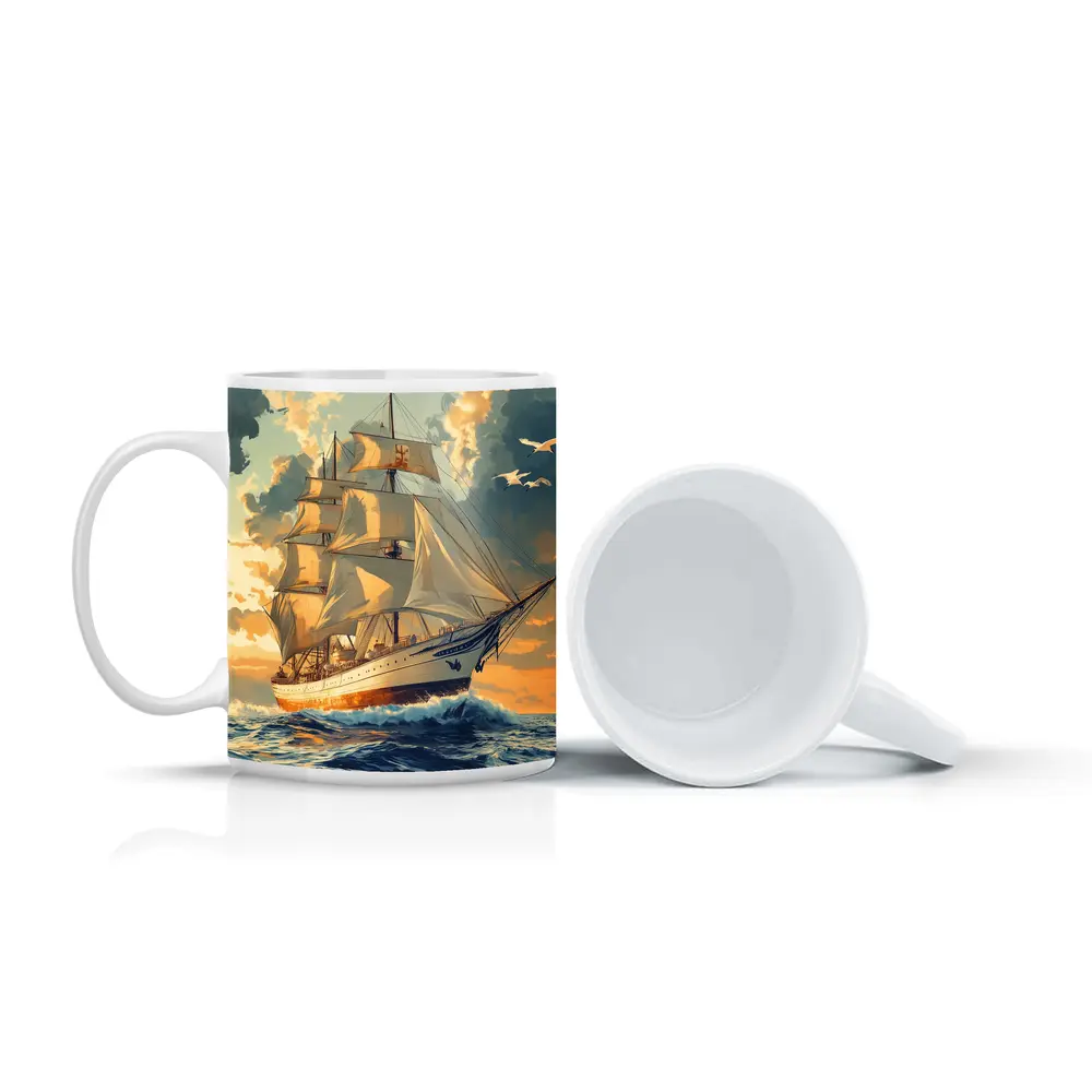 Tall Ship Sailing Ocean Golden Sky Art – Mugs