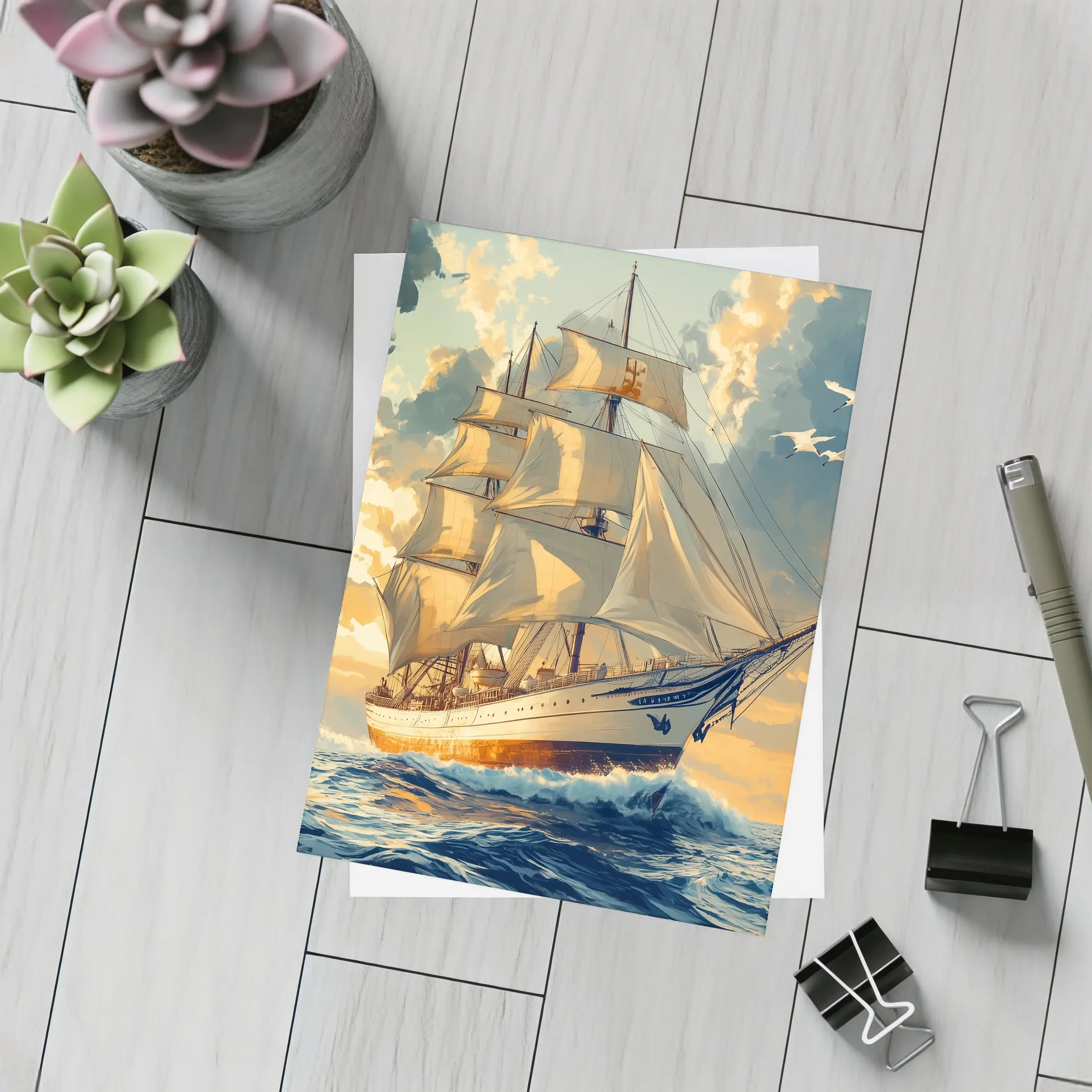 Tall Ship Sailing Ocean Golden Sky Art – Postcards