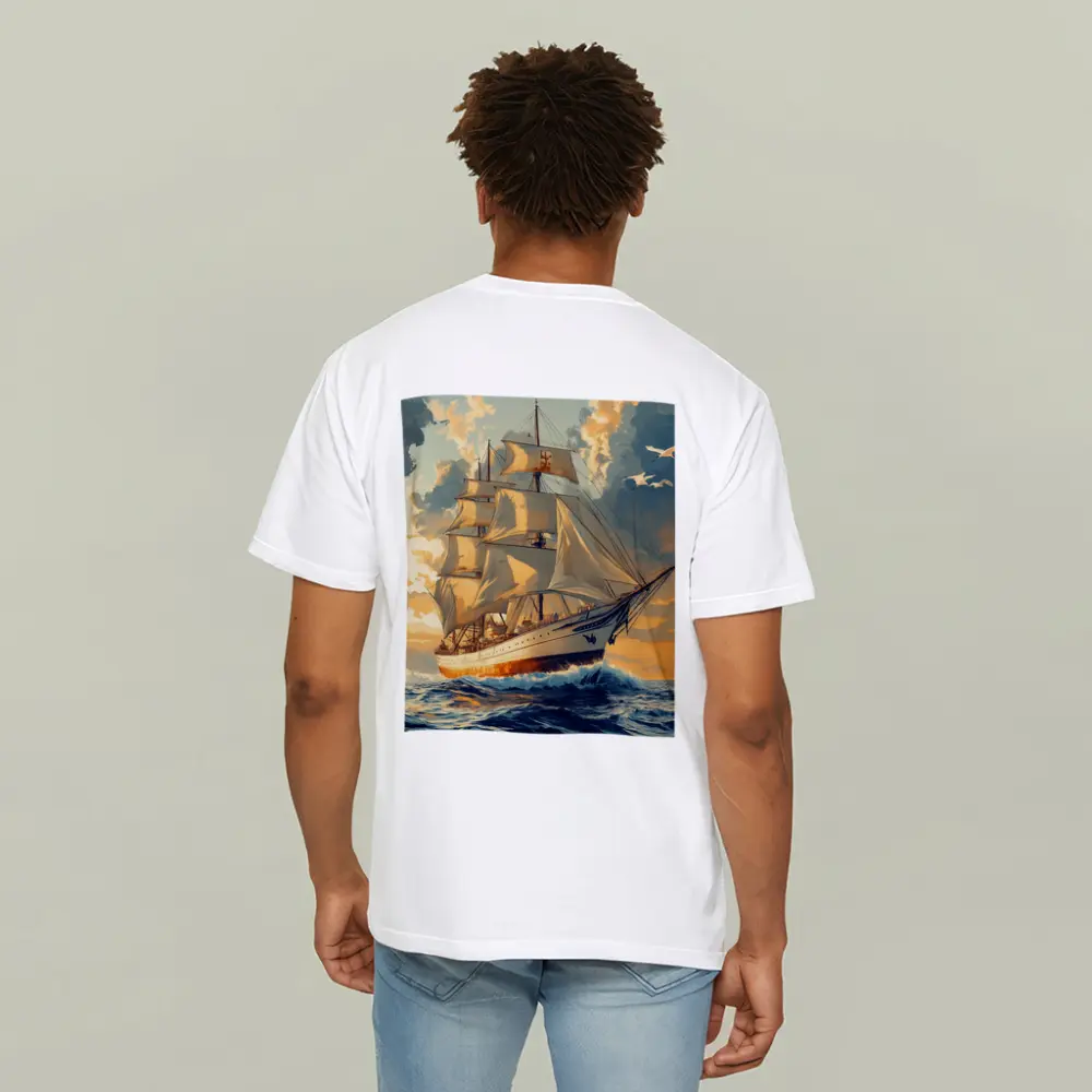 Tall Ship Sailing Ocean Golden Sky Art – T-Shirts