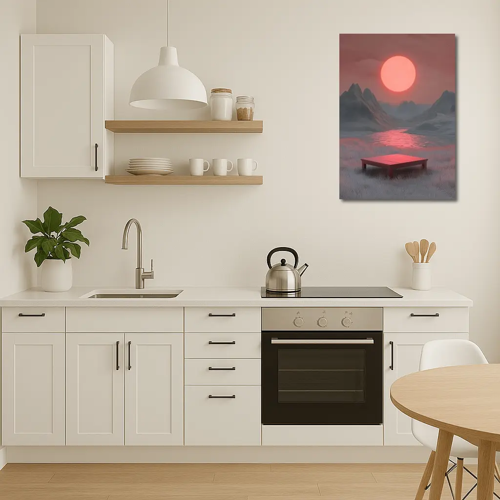 Red Sun Mountain Lake Surreal Landscape Art – Wall Art