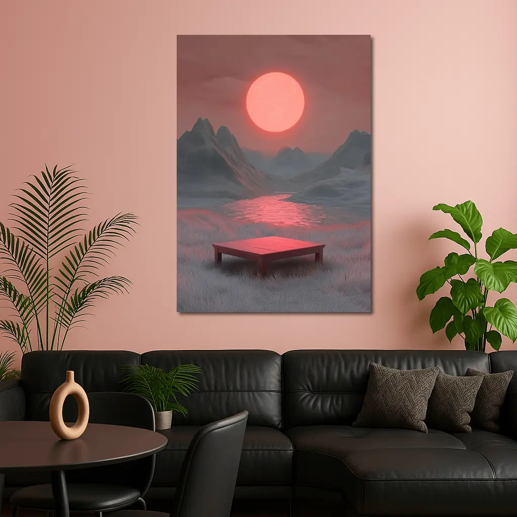 Red Sun Mountain Lake Surreal Landscape Art – Wall Art