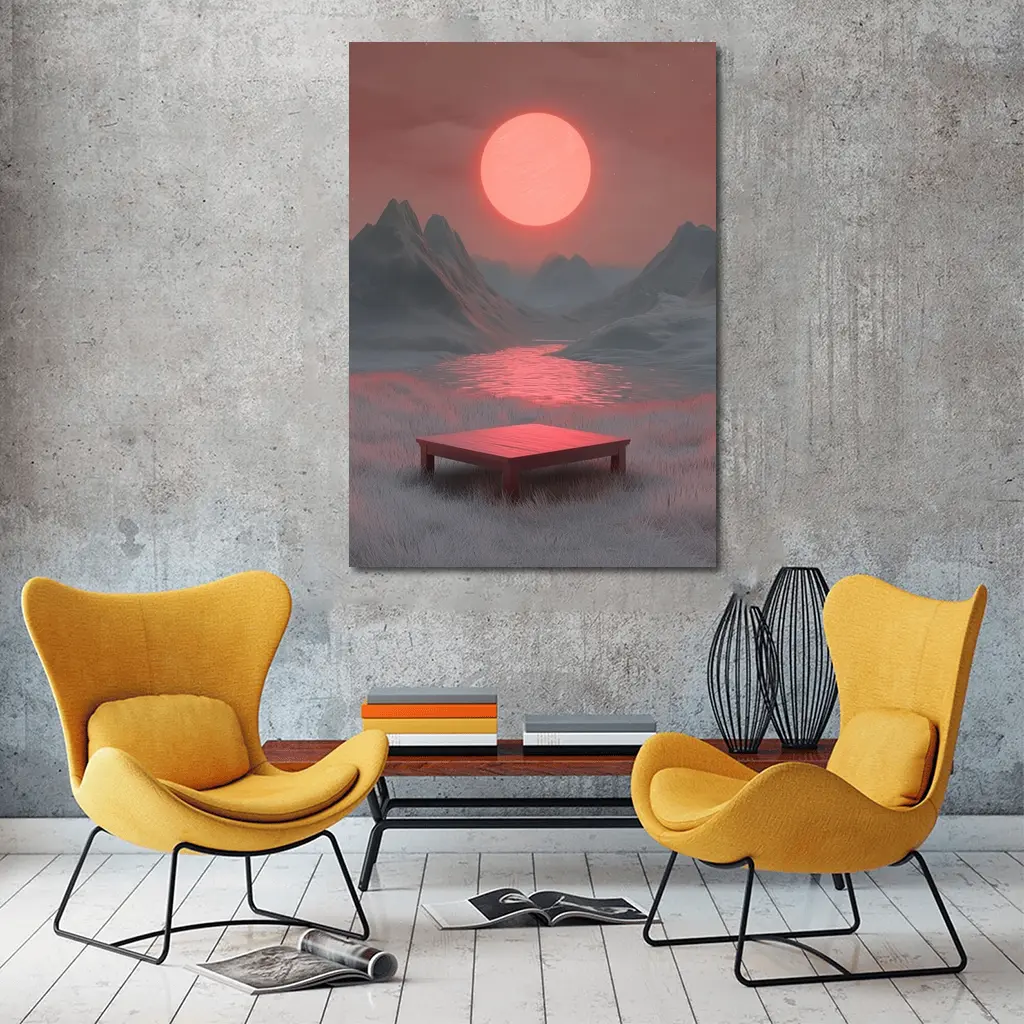 Red Sun Mountain Lake Surreal Landscape Art – Wall Art