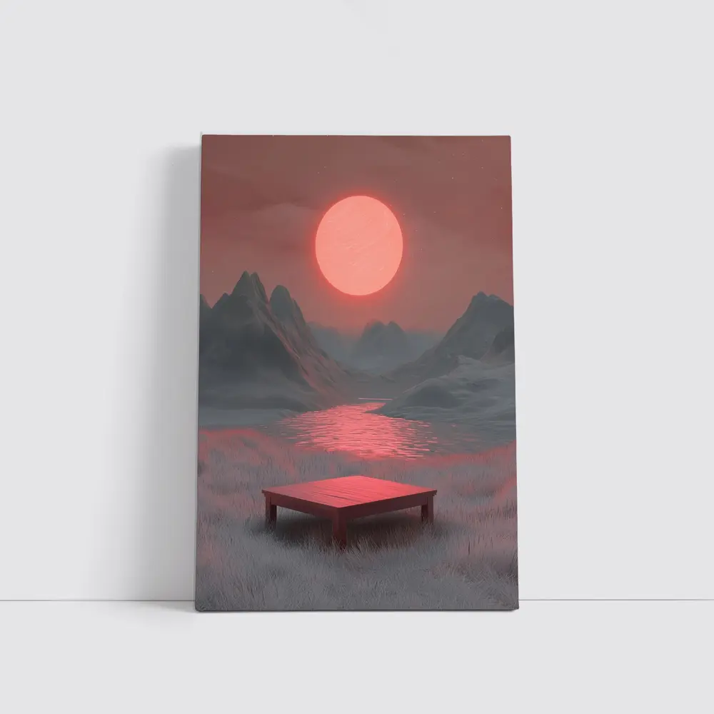 Red Sun Mountain Lake Surreal Landscape Art – Wall Art
