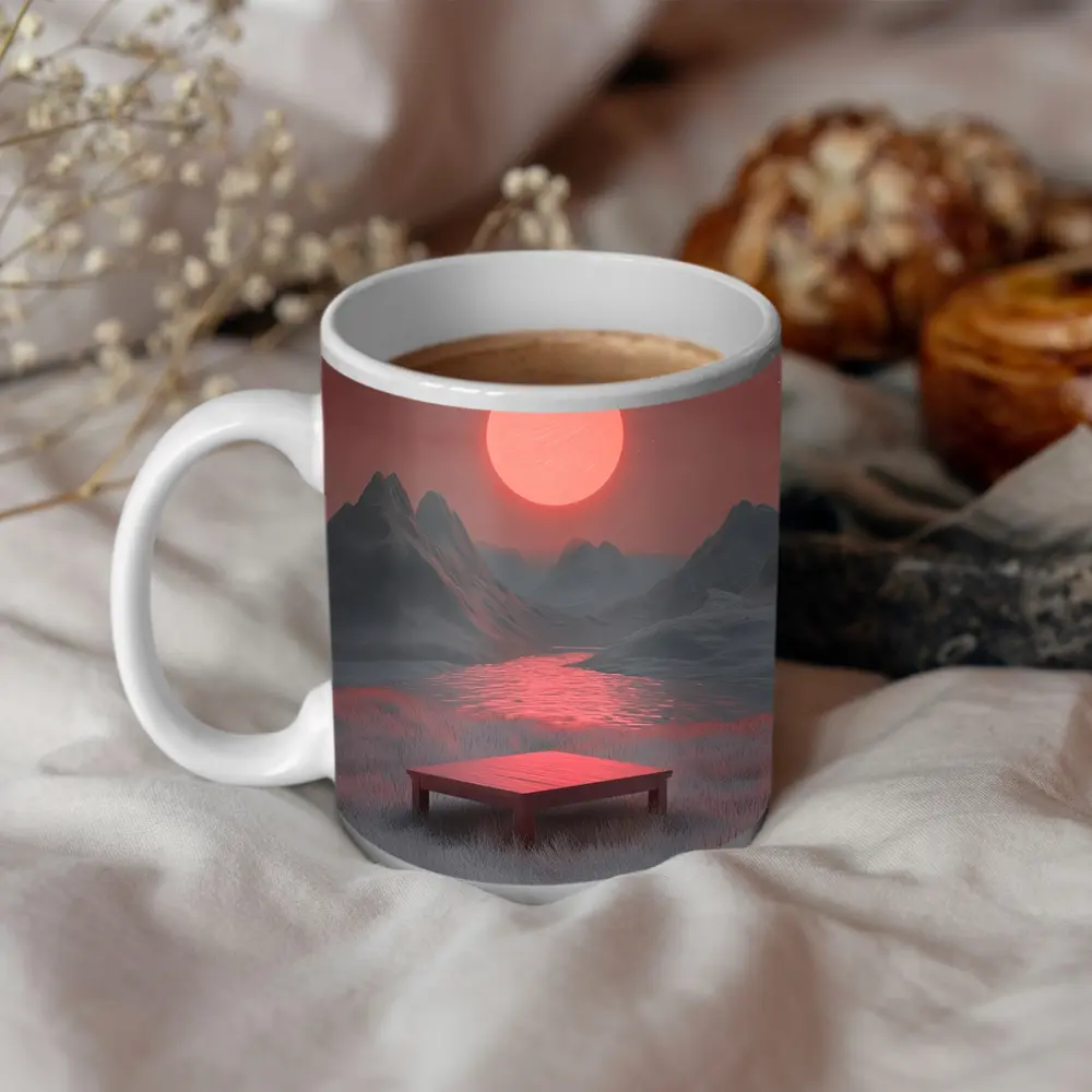 Red Sun Mountain Lake Surreal Landscape Art – Mugs