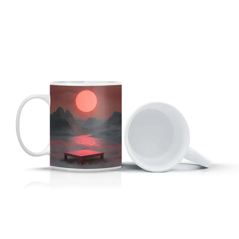 Red Sun Mountain Lake Surreal Landscape Art – Mugs