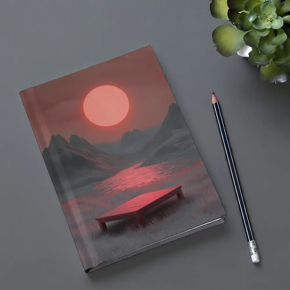 Red Sun Mountain Lake Surreal Landscape Art – Notebooks