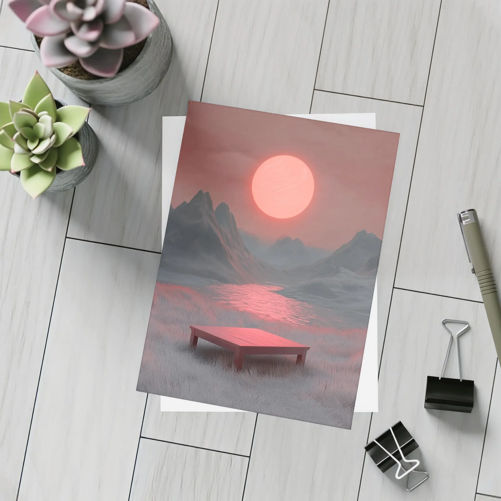 Red Sun Mountain Lake Surreal Landscape Art – Postcards