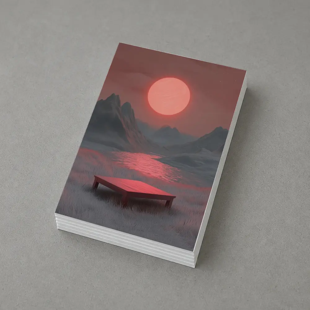 Red Sun Mountain Lake Surreal Landscape Art – Postcards