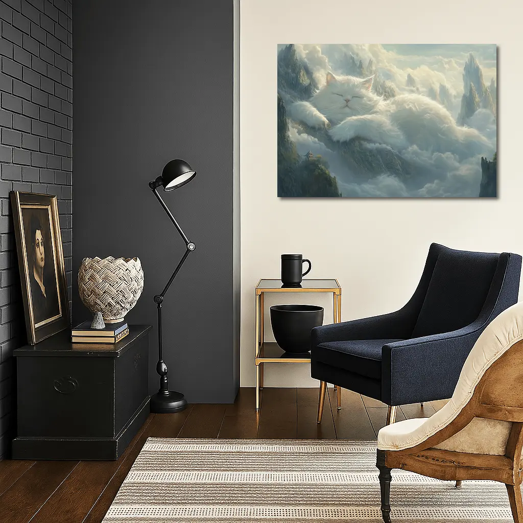 White Cat Sleeping on Mountain Clouds Fantasy – Wall Art