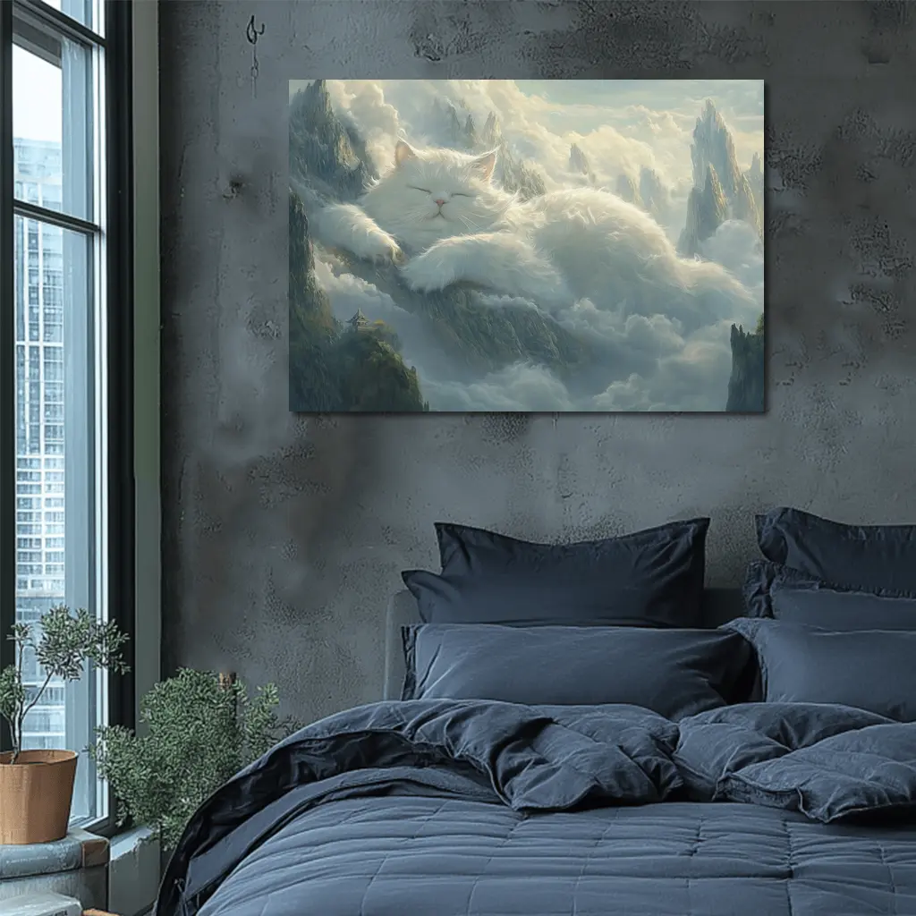 White Cat Sleeping on Mountain Clouds Fantasy – Wall Art