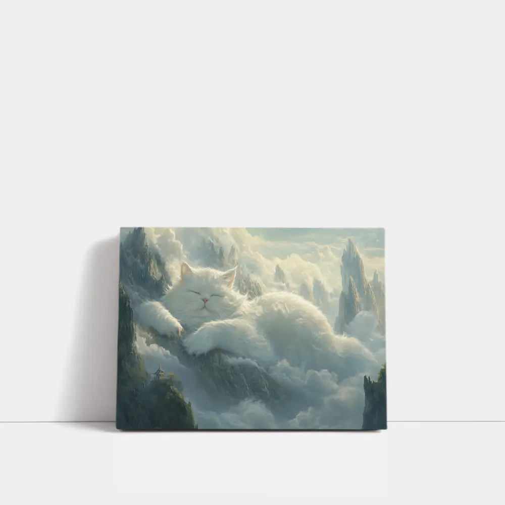 White Cat Sleeping on Mountain Clouds Fantasy – Wall Art