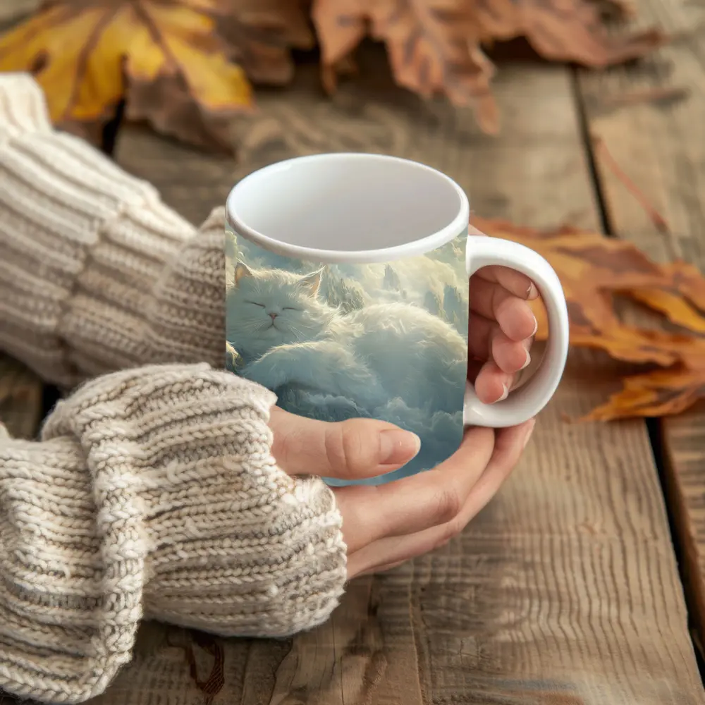 White Cat Sleeping on Mountain Clouds Fantasy – Mugs