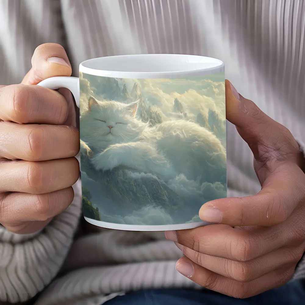 White Cat Sleeping on Mountain Clouds Fantasy – Mugs