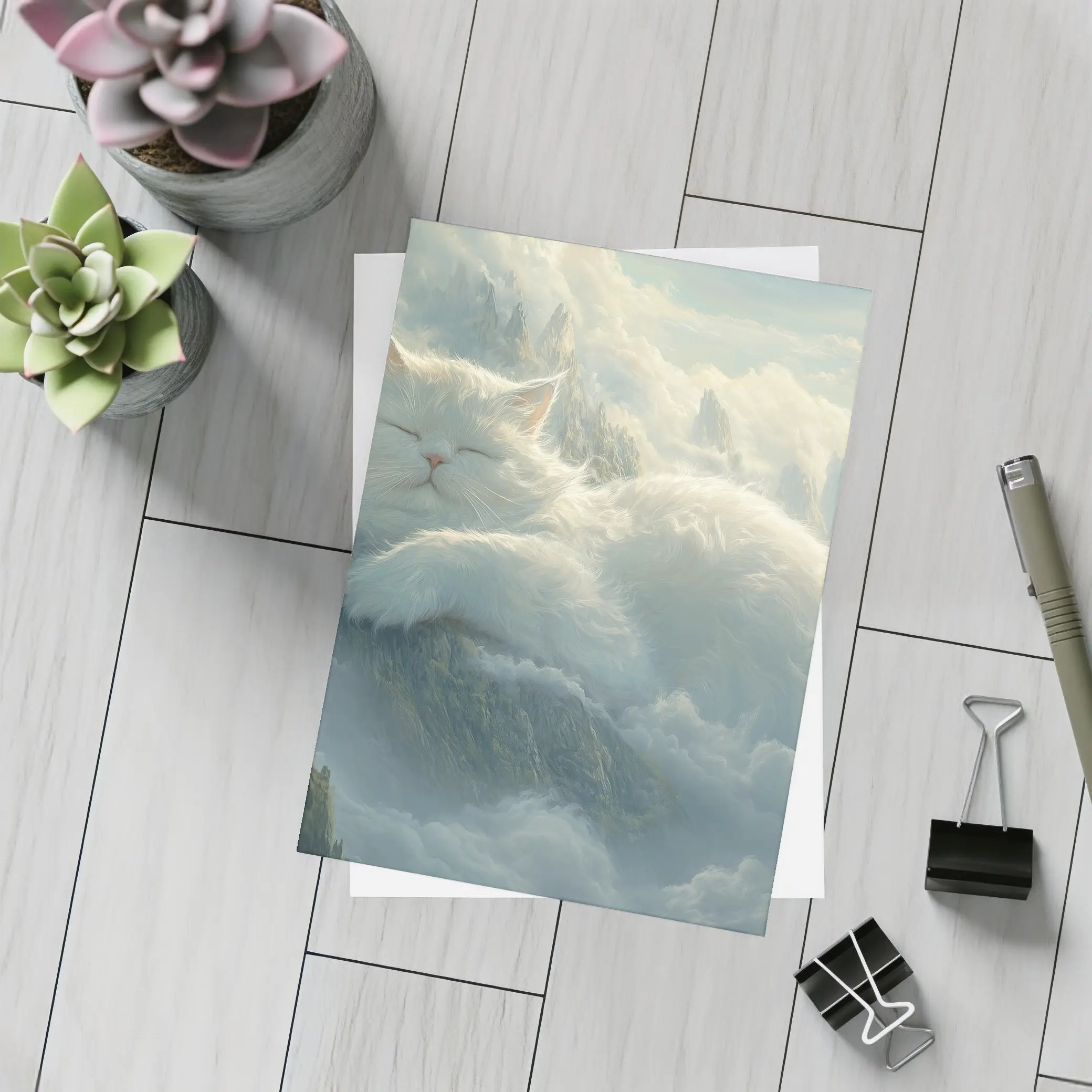 White Cat Sleeping on Mountain Clouds Fantasy – Postcards