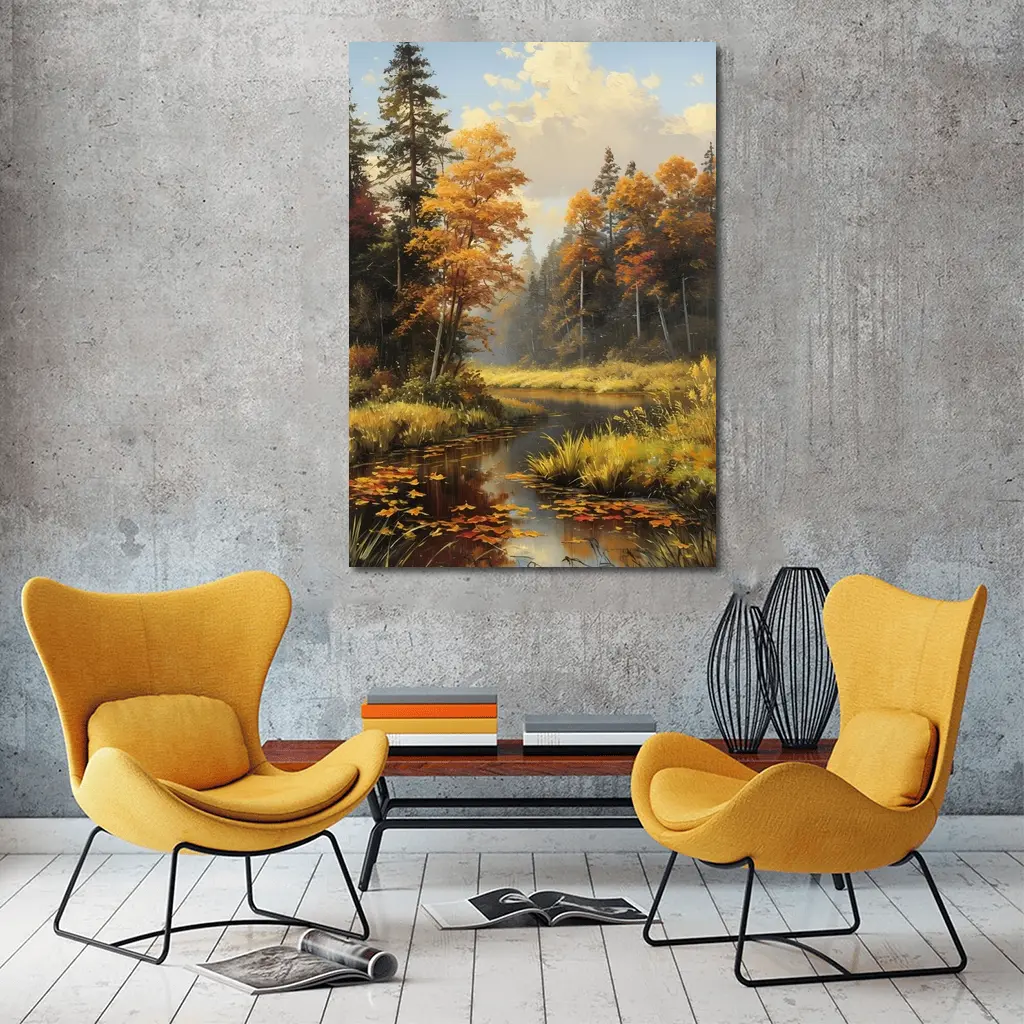 Autumn Forest River Oil Painting Art – Wall Art