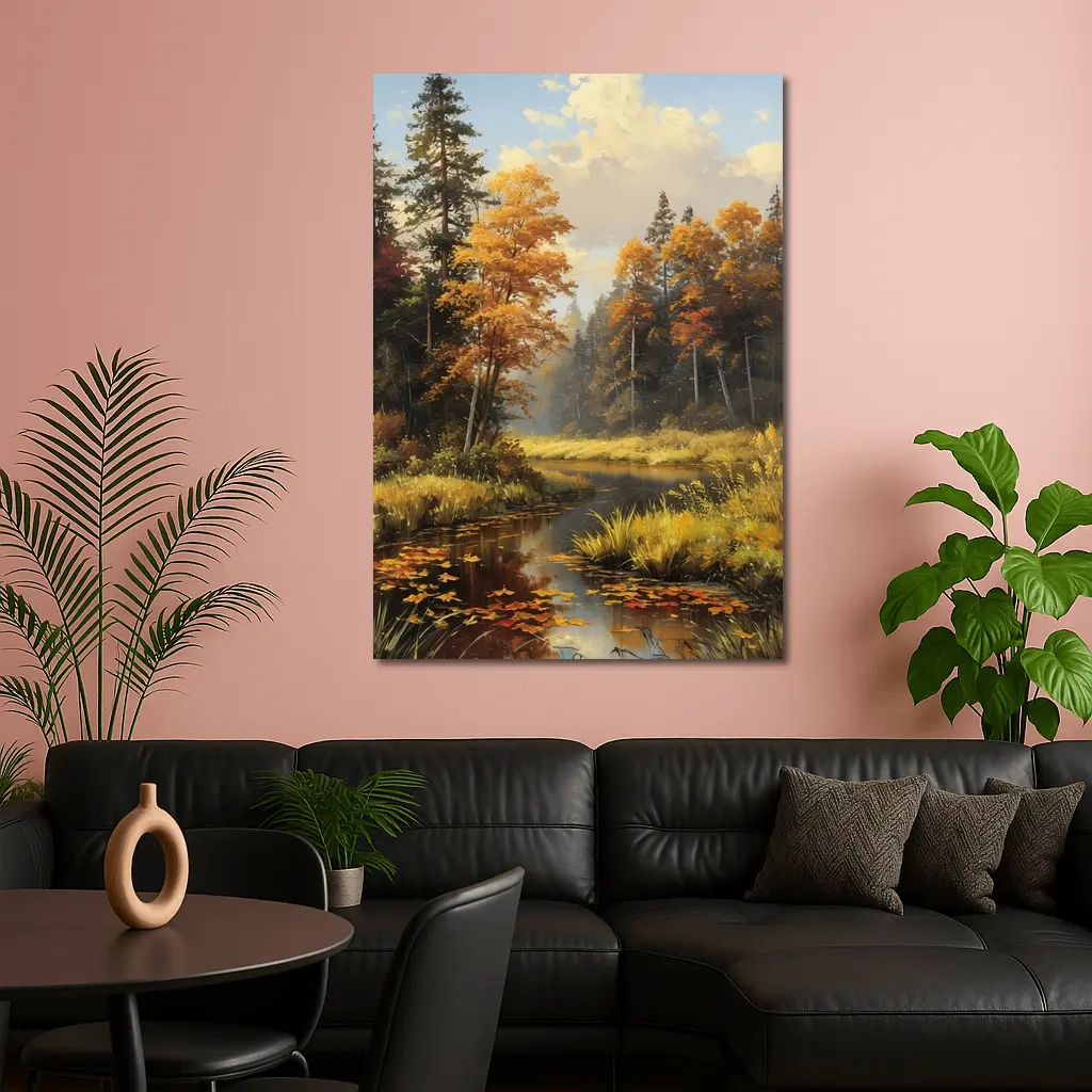Autumn Forest River Oil Painting Art – Wall Art