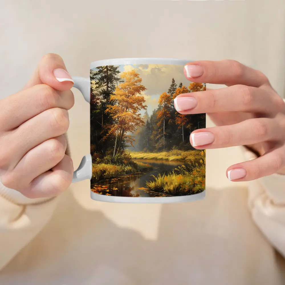 Autumn Forest River Oil Painting Art – Mugs