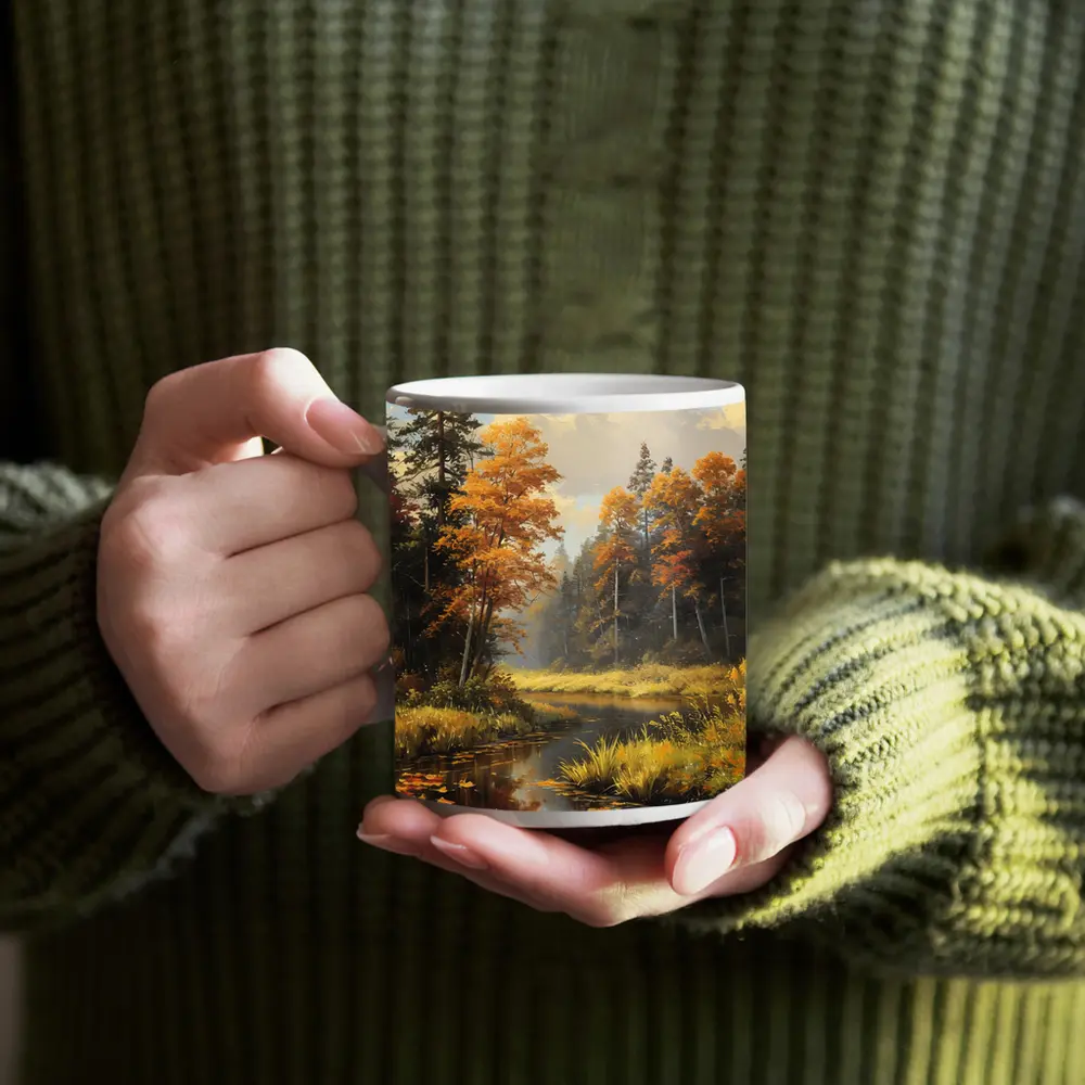 Autumn Forest River Oil Painting Art – Mugs