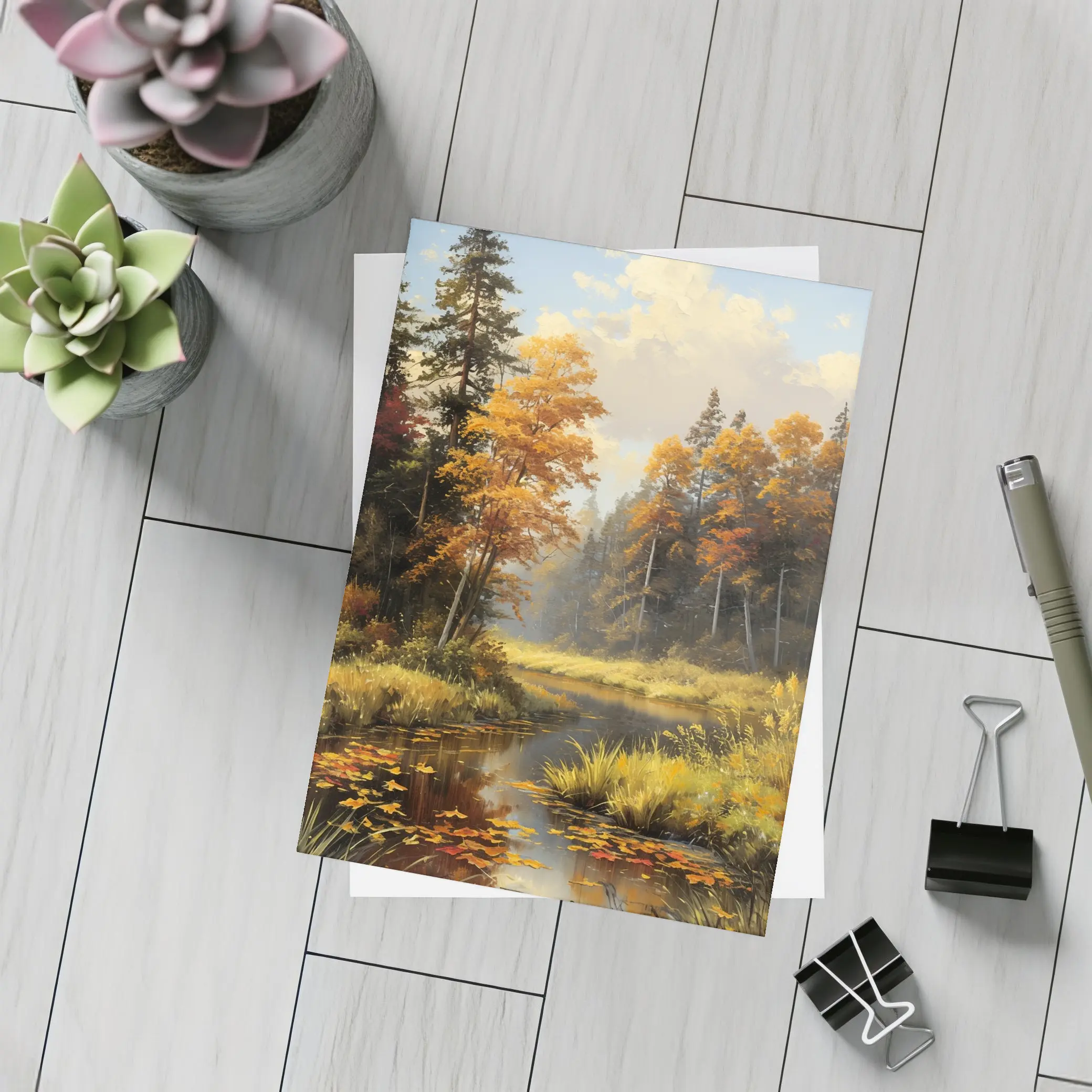 Autumn Forest River Oil Painting Art – Postcards