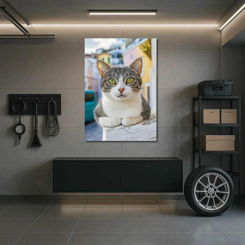 Gray Tabby Cat Green Eyes Colorful Street – Wall Art