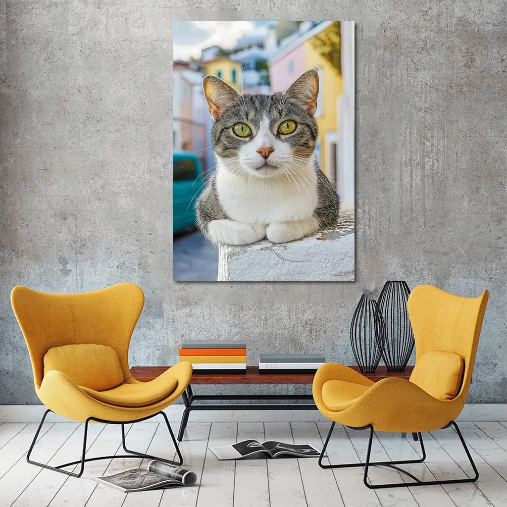 Gray Tabby Cat Green Eyes Colorful Street – Wall Art