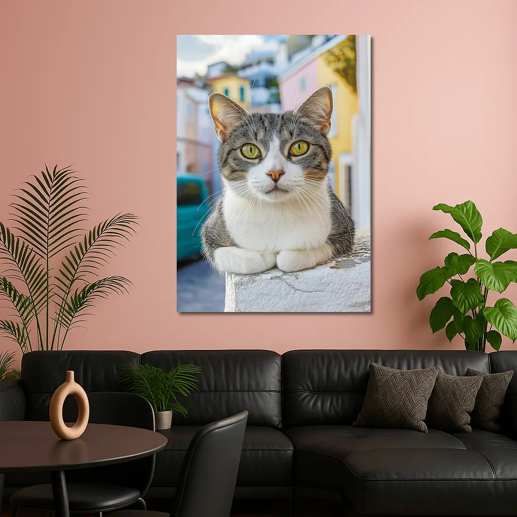 Gray Tabby Cat Green Eyes Colorful Street – Wall Art