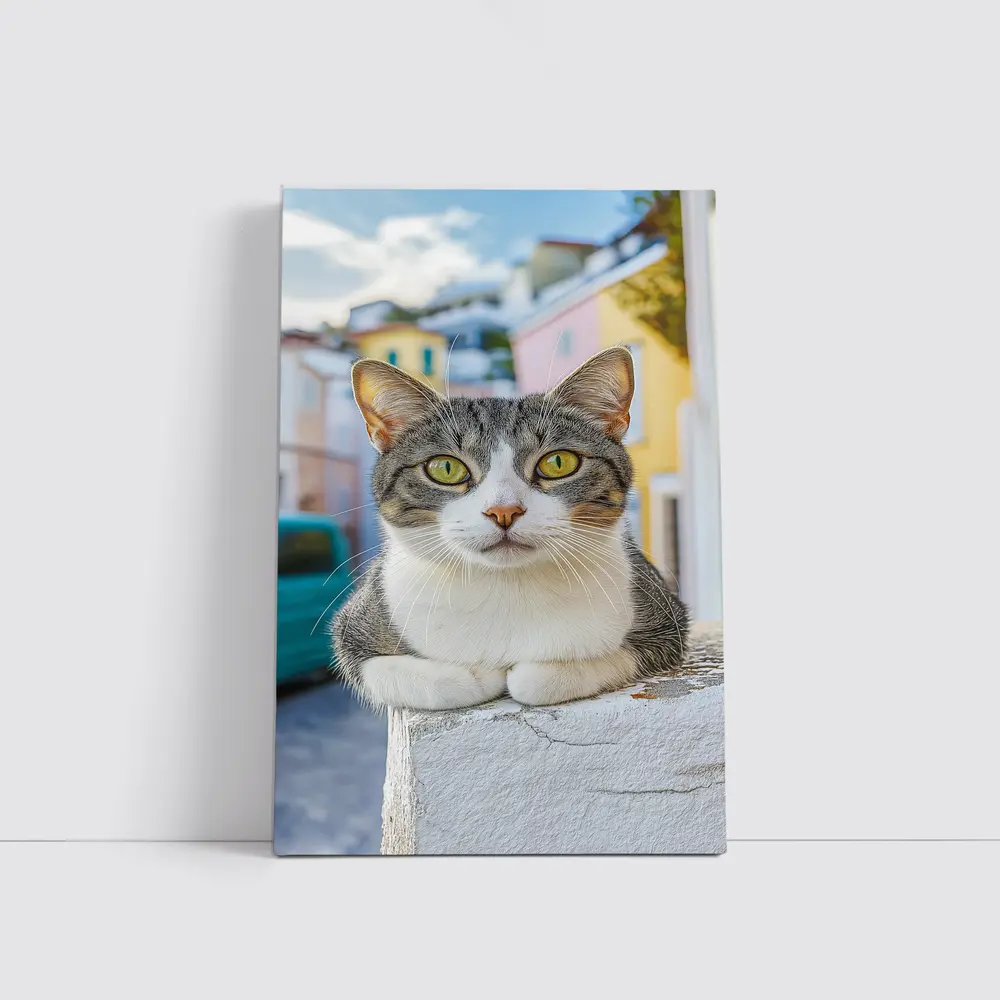 Gray Tabby Cat Green Eyes Colorful Street – Wall Art