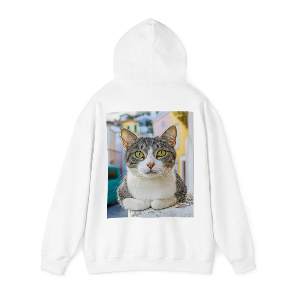 Gray Tabby Cat Green Eyes Colorful Street – Hoodies