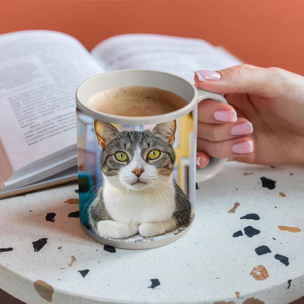 Gray Tabby Cat Green Eyes Colorful Street – Mugs