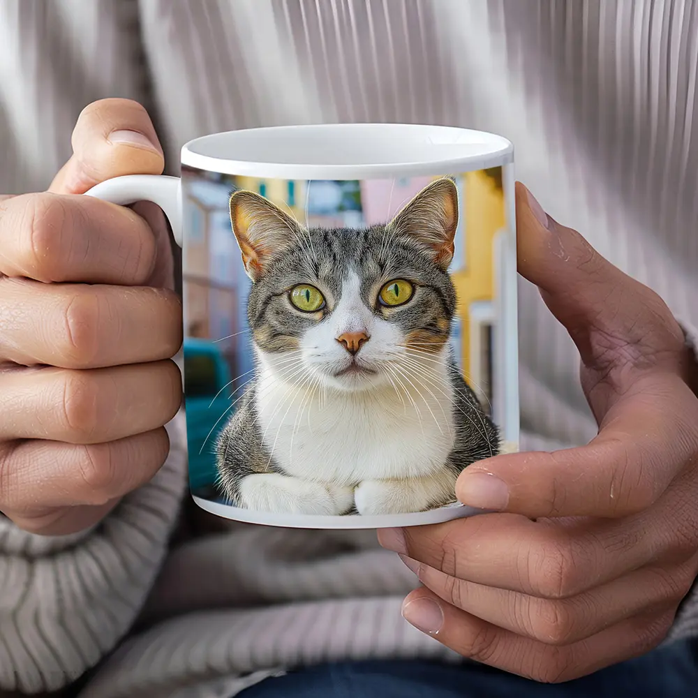 Gray Tabby Cat Green Eyes Colorful Street – Mugs