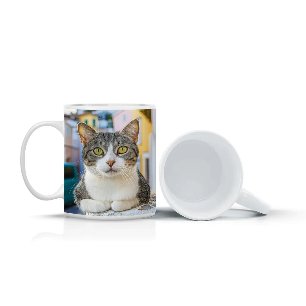 Gray Tabby Cat Green Eyes Colorful Street – Mugs