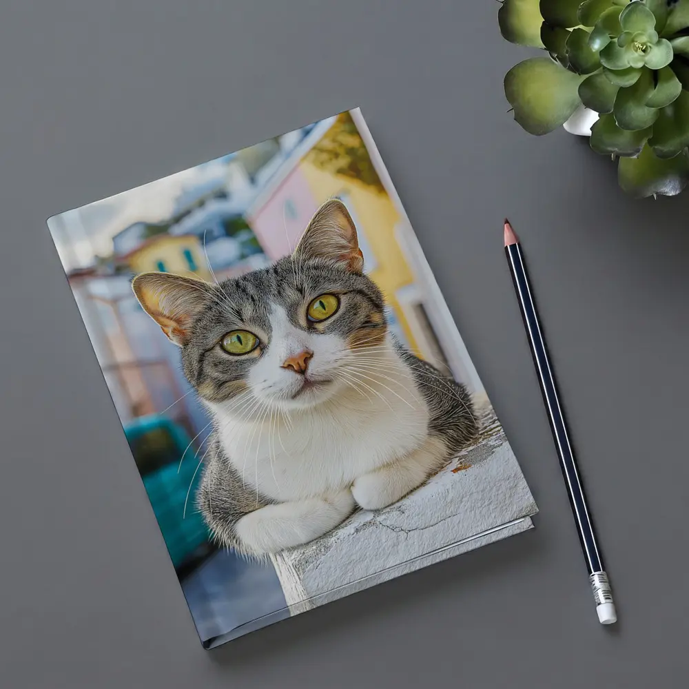 Gray Tabby Cat Green Eyes Colorful Street – Notebooks