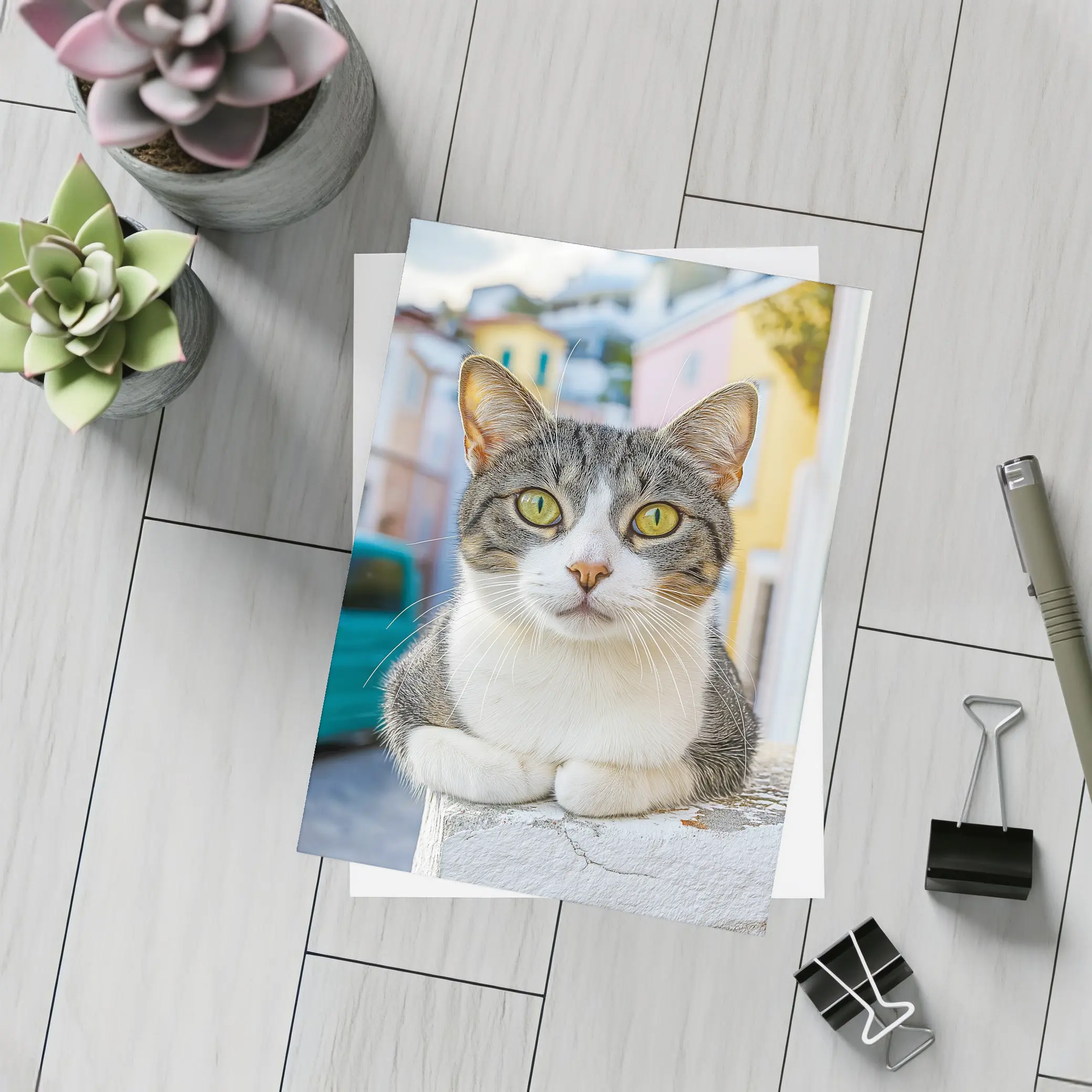 Gray Tabby Cat Green Eyes Colorful Street – Postcards