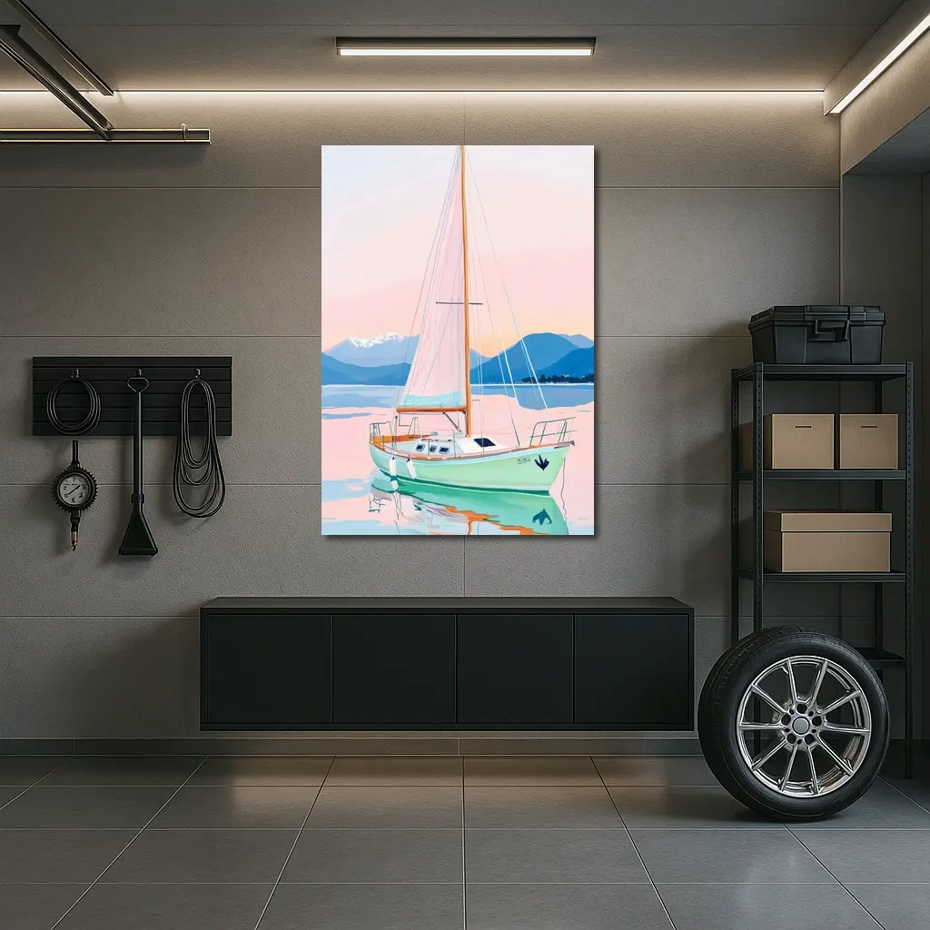 Sailboat on Calm Pastel Lake Mountains – Wall Art