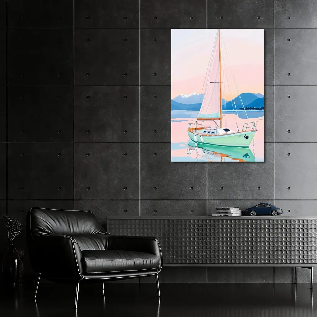 Sailboat on Calm Pastel Lake Mountains – Wall Art