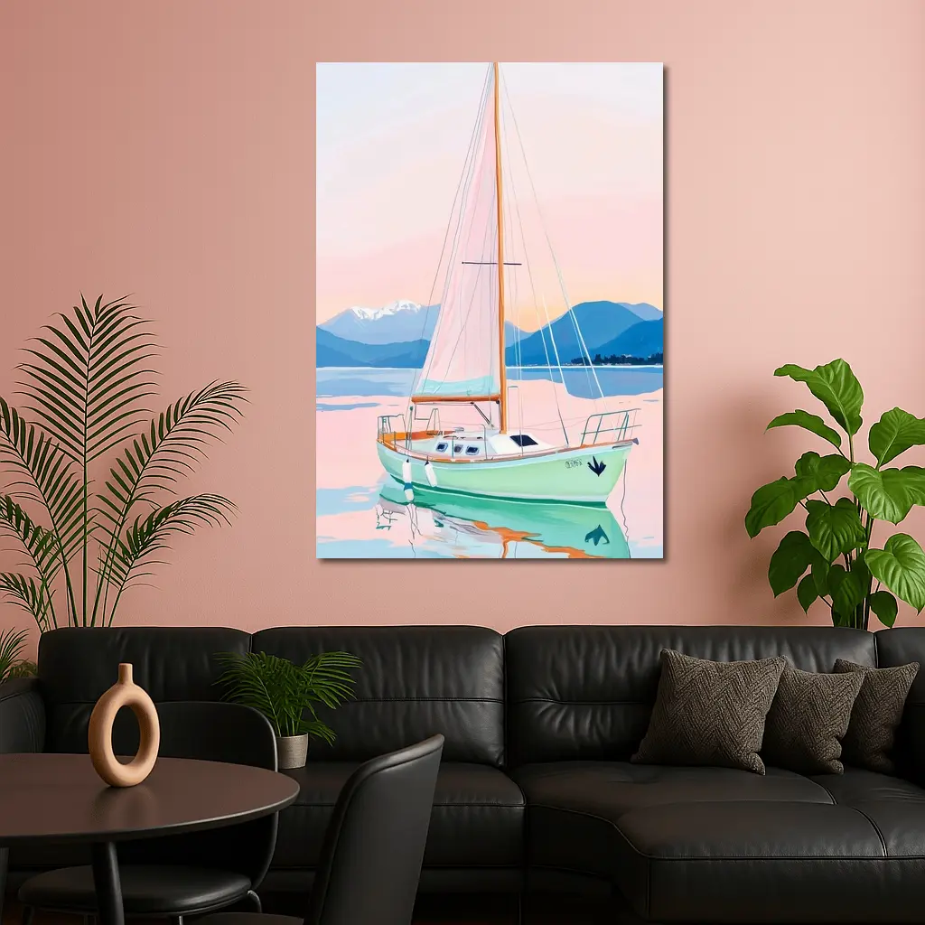 Sailboat on Calm Pastel Lake Mountains – Wall Art