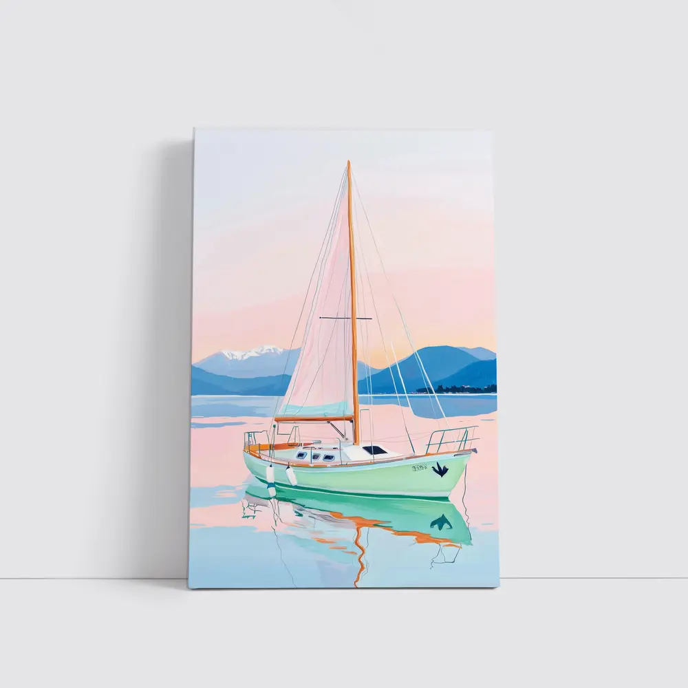 Sailboat on Calm Pastel Lake Mountains – Wall Art