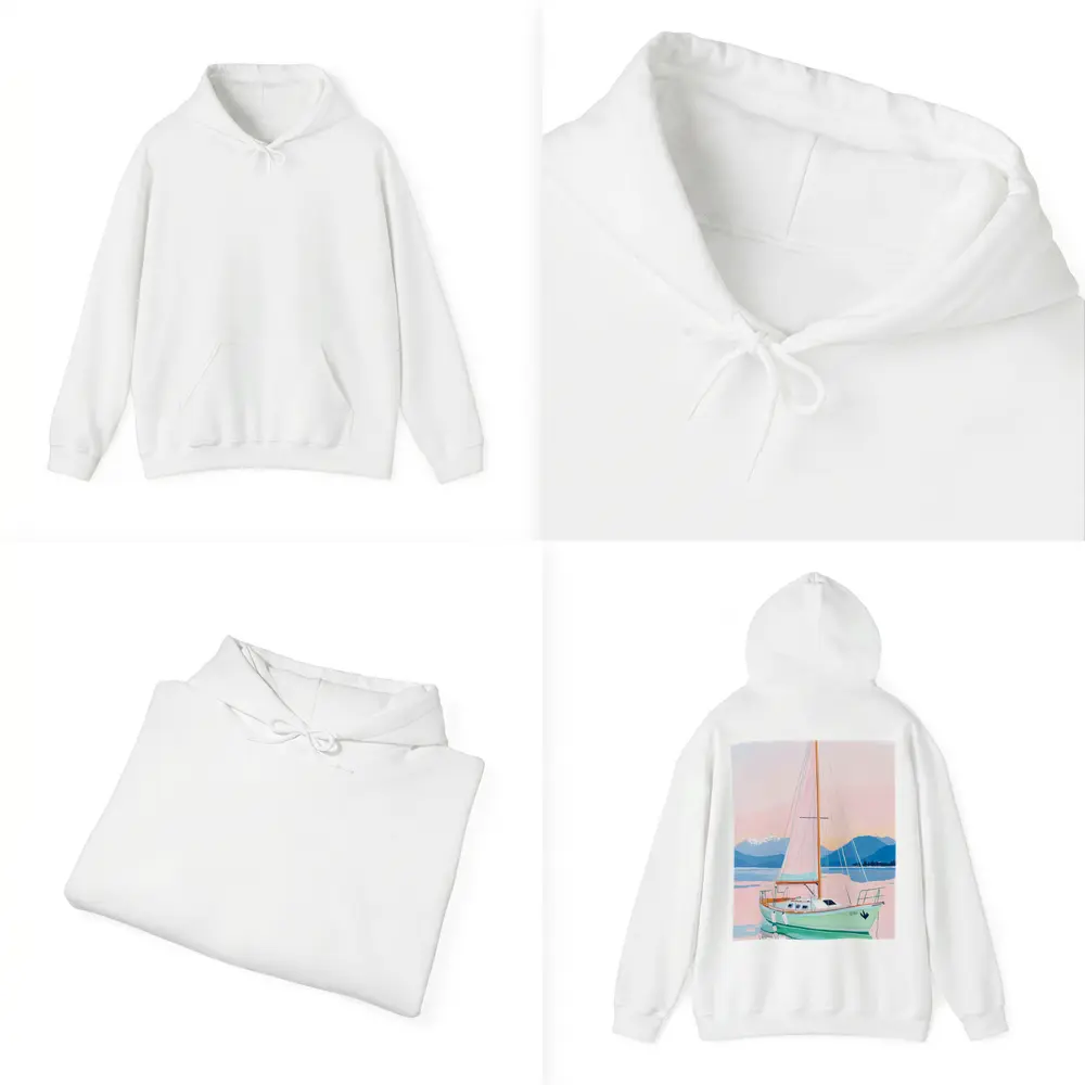 Sailboat on Calm Pastel Lake Mountains – Hoodies