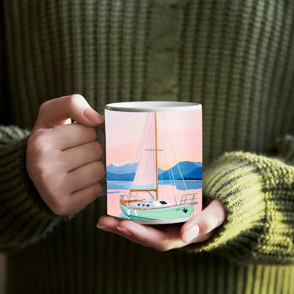 Sailboat on Calm Pastel Lake Mountains – Mugs