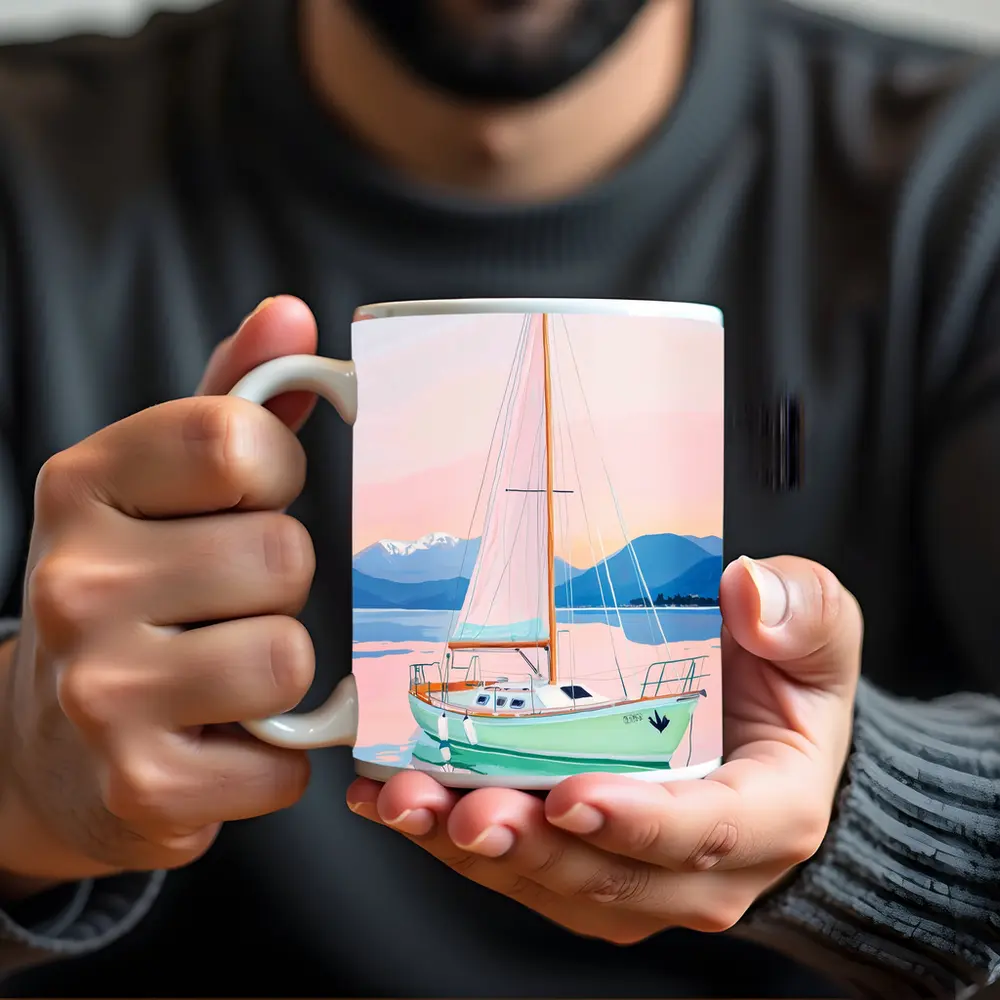 Sailboat on Calm Pastel Lake Mountains – Mugs