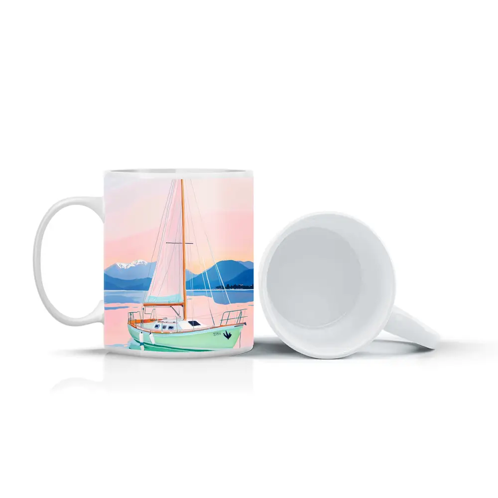 Sailboat on Calm Pastel Lake Mountains – Mugs