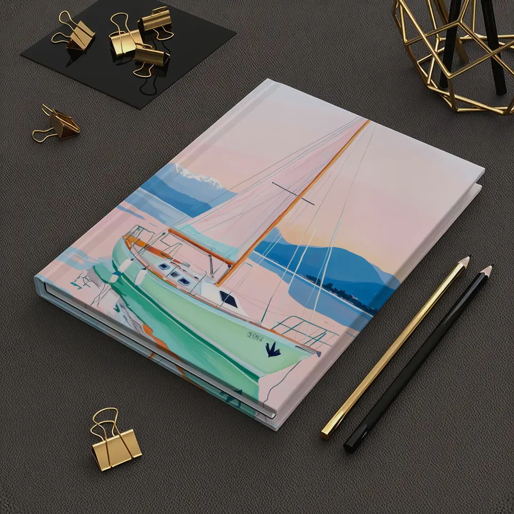 Sailboat on Calm Pastel Lake Mountains – Notebooks