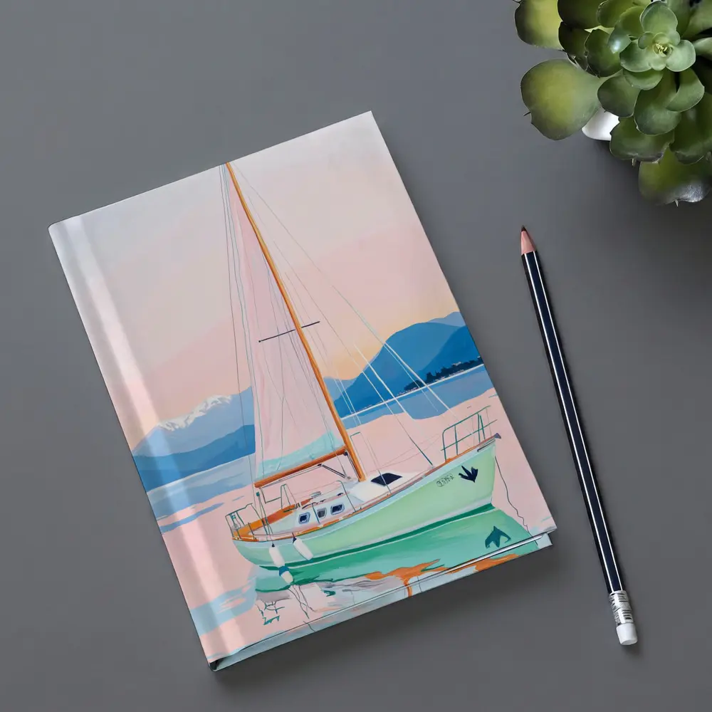 Sailboat on Calm Pastel Lake Mountains – Notebooks