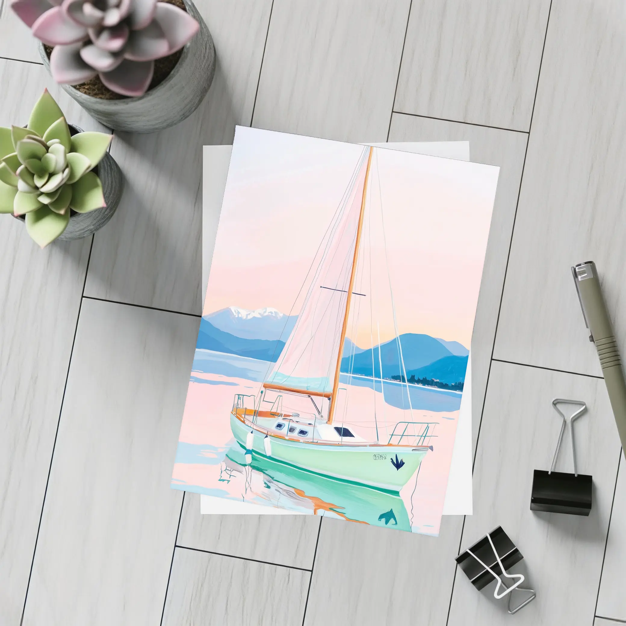 Sailboat on Calm Pastel Lake Mountains – Postcards