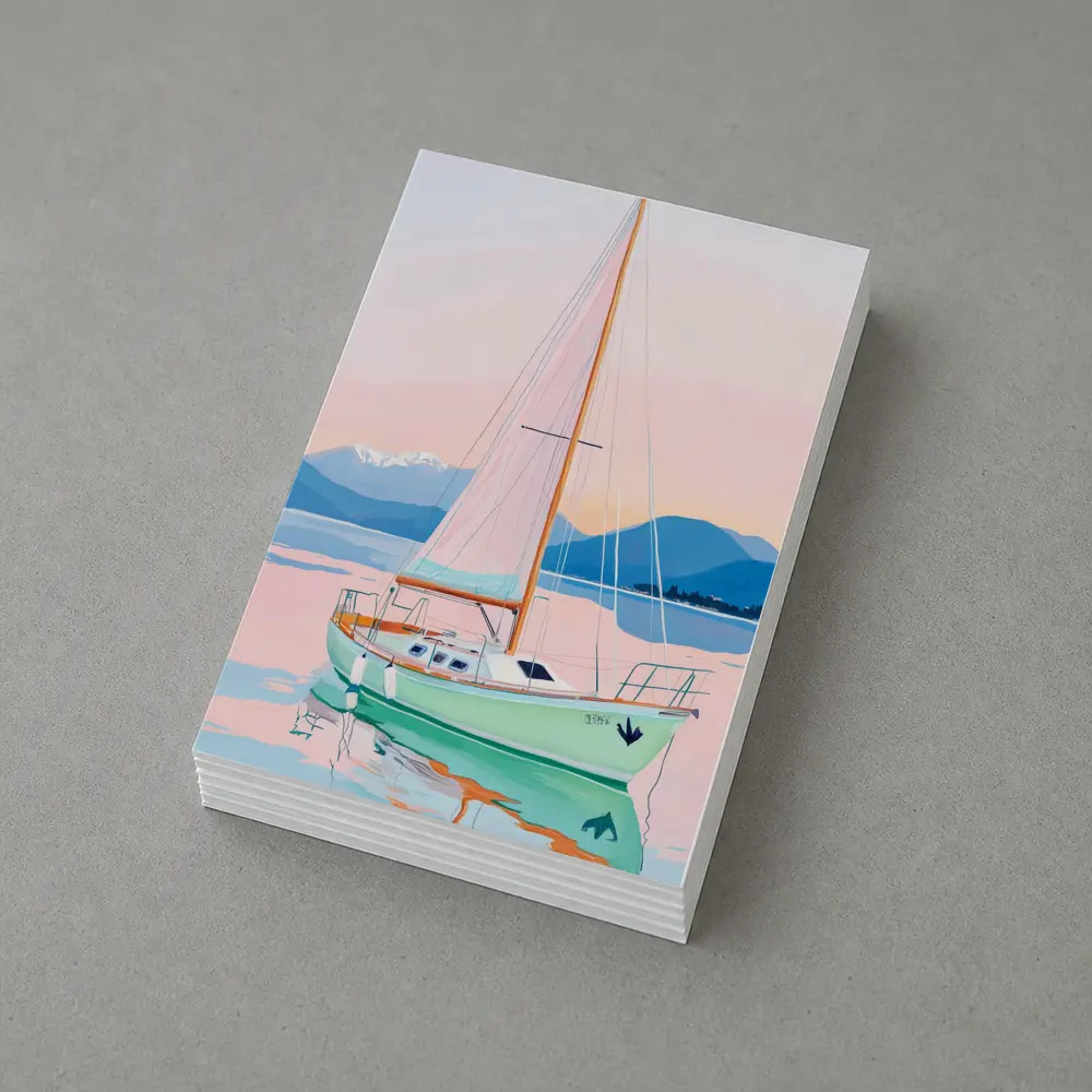 Sailboat on Calm Pastel Lake Mountains – Postcards