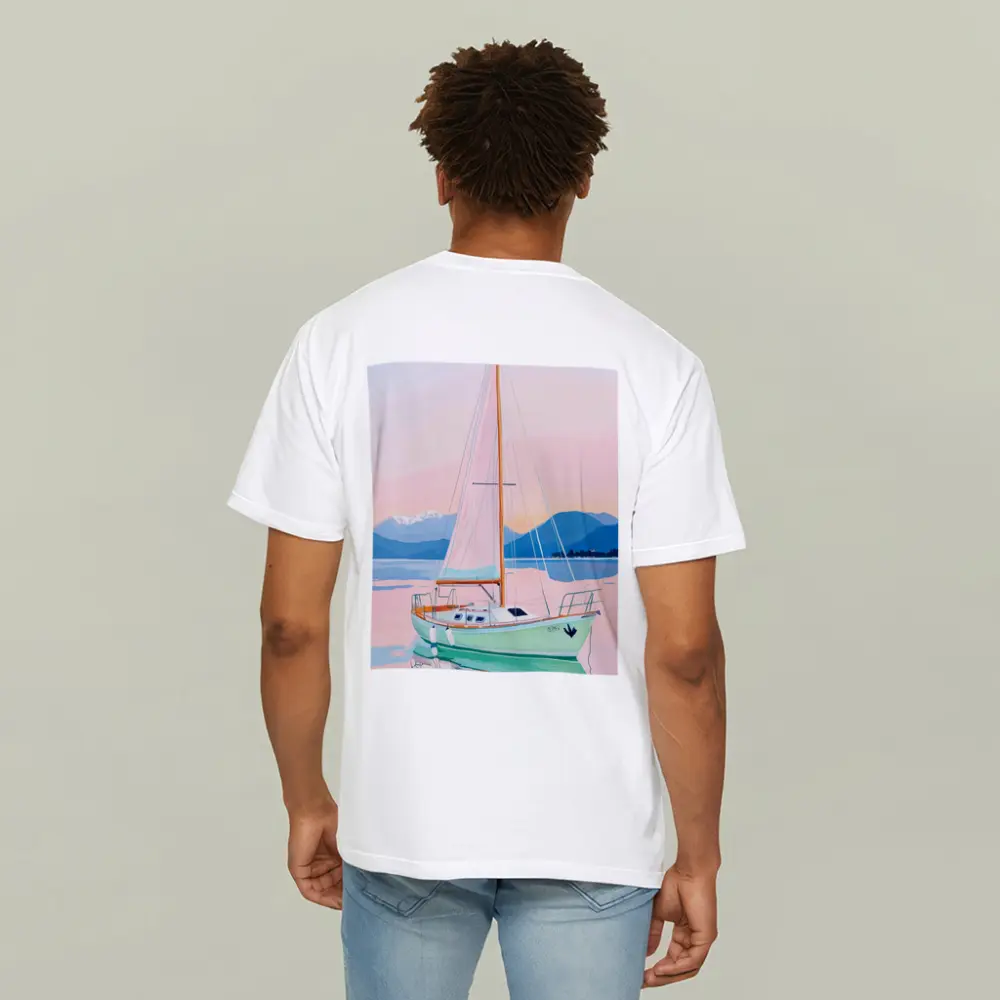 Sailboat on Calm Pastel Lake Mountains – T-Shirts